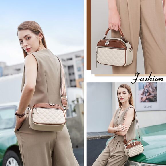 Quilted Cream & Brown Crossbody Bag | Top Handle Purse w/ Boho Strap - Picture 5 of 5